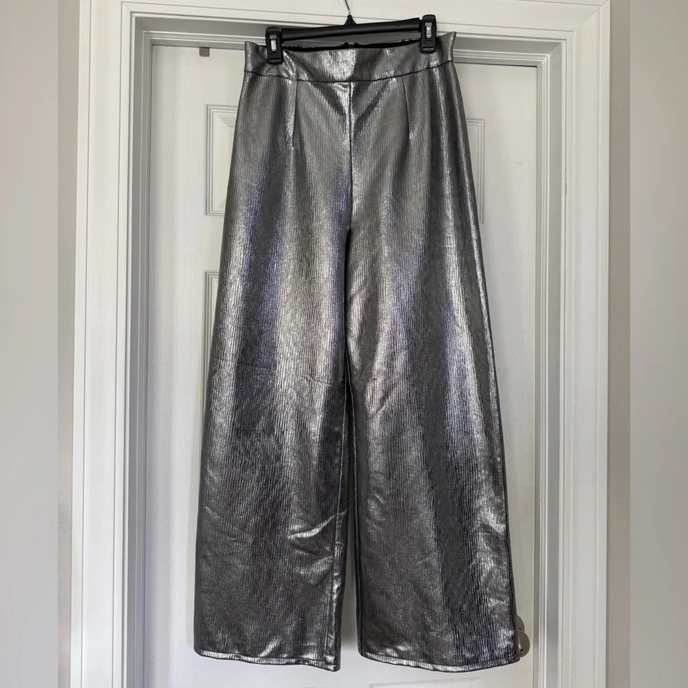 Anthropologie Metallic Silver Wide-Leg Women's Pants - Picture 3 of 7